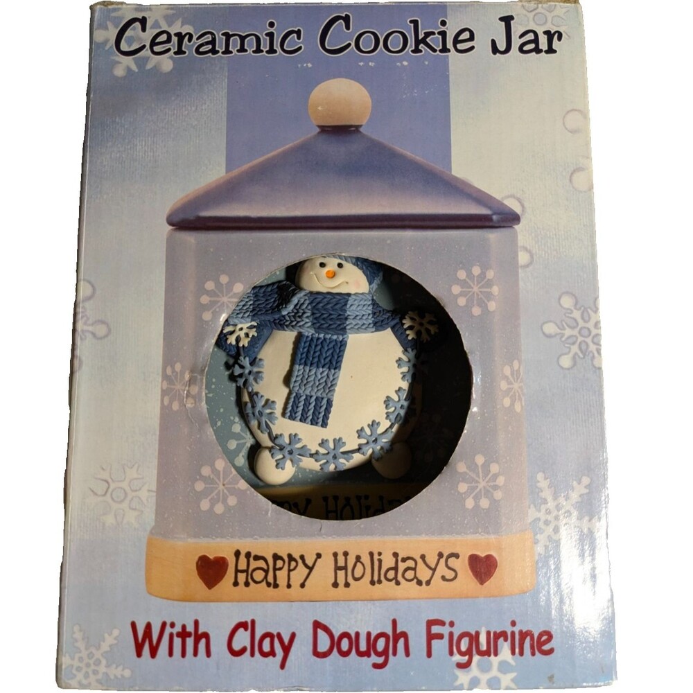 Ceramic Cookie Jar HAPPY HOLIDAYS with Clay Dough Christmas Snowman Figurine